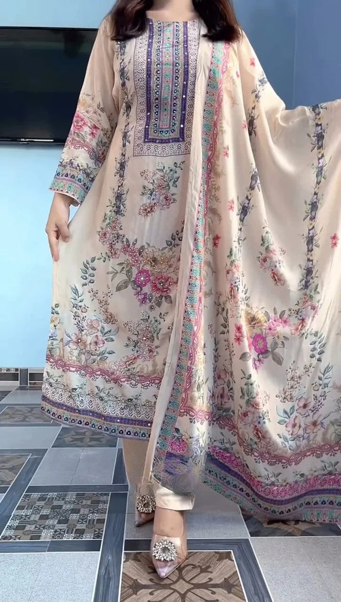 Meher Pastel Muslin Suit Set with Designer Dupatta